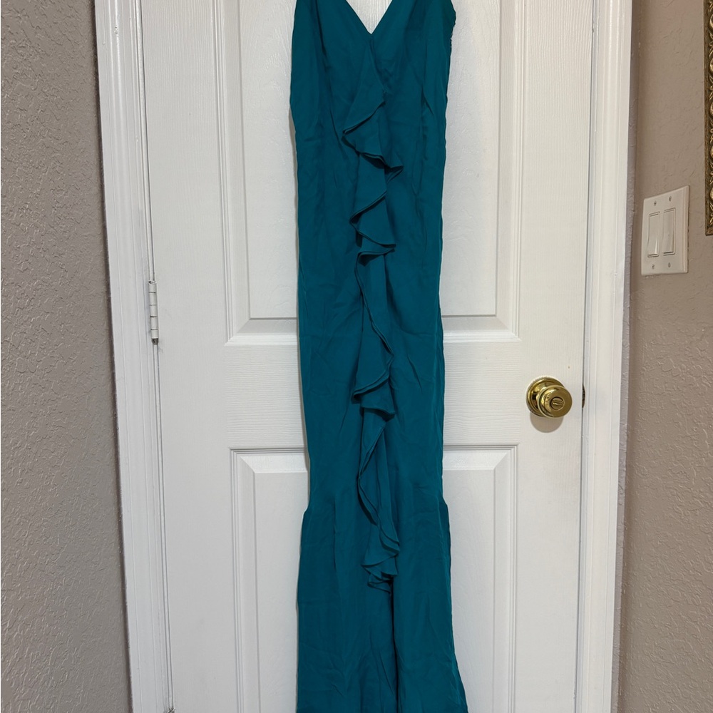 Teal Ruffled V-Neck Maxi Dress